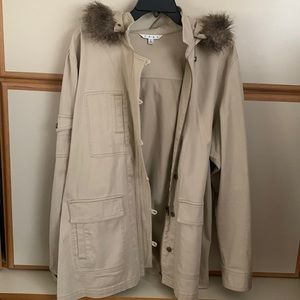 Cabi lightweight anorak jacket with, unlined, L, beige, EUC, hoodie with fur